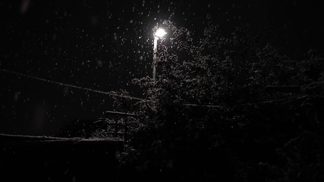 英国首次降雪叠加黑色背景。夜路路灯下的雪花-冬天，慢慢飘落的雪花效果。天气预报，异常，紧急概念视频下载