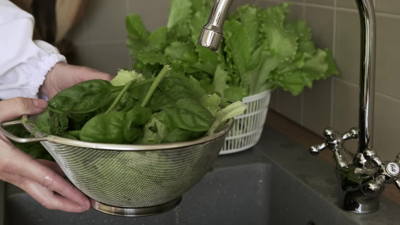 在厨房用流水洗菠菜叶。健康饮食视频素材