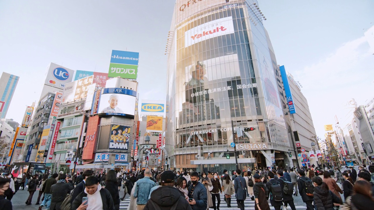 拥挤的日本人，通勤者，旅行者走在涩谷scramble十字路口的十字路口。东京旅游景点地标、交通运输、日本旅游、亚洲交通、亚洲城市生活视频下载