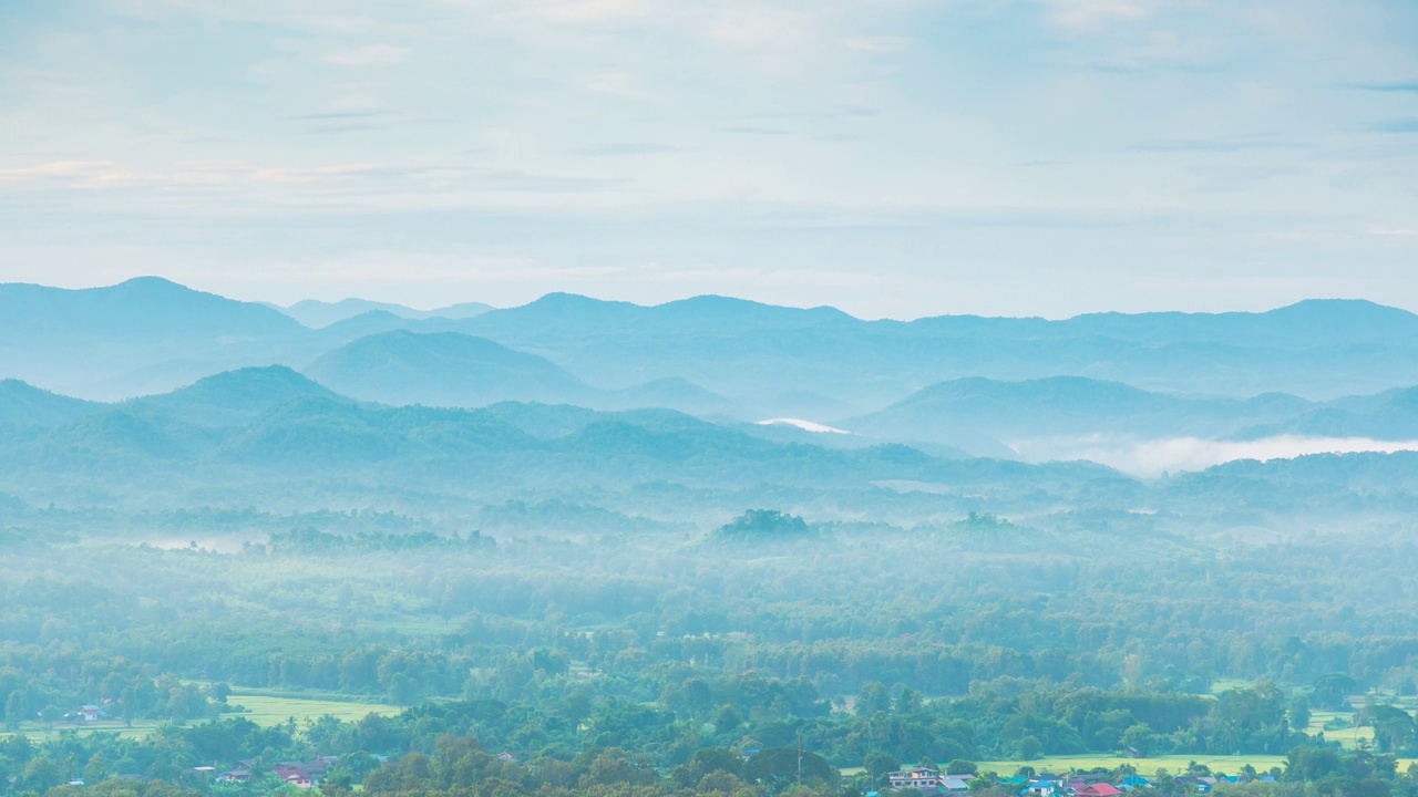 美丽的风景山绿田野草草地白云蓝天晴天。雄伟的绿色风景，大山丘陵云景山谷全景乡村自然景观视频素材