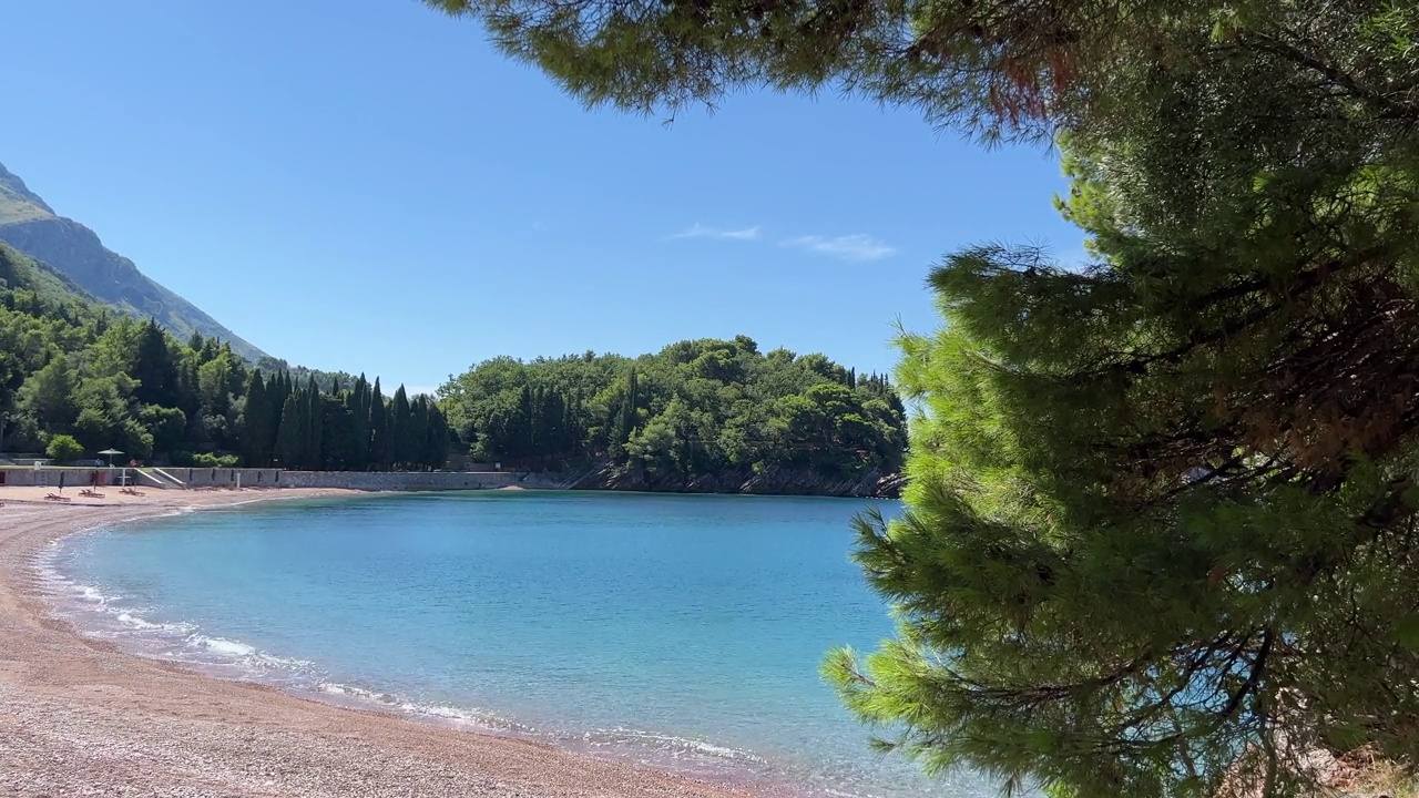 蔚蓝的海水，奢华的沙滩，夏日的松树。视频素材