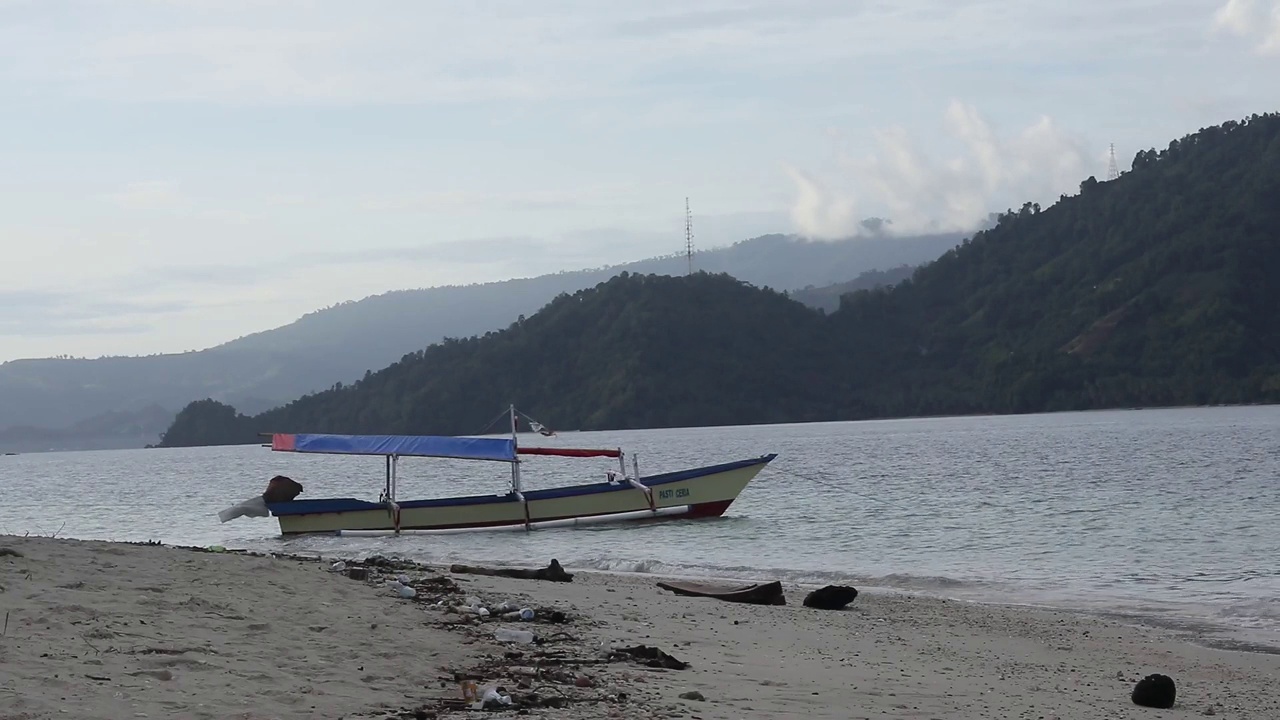 热带海滩的场景，背景是山脉视频素材