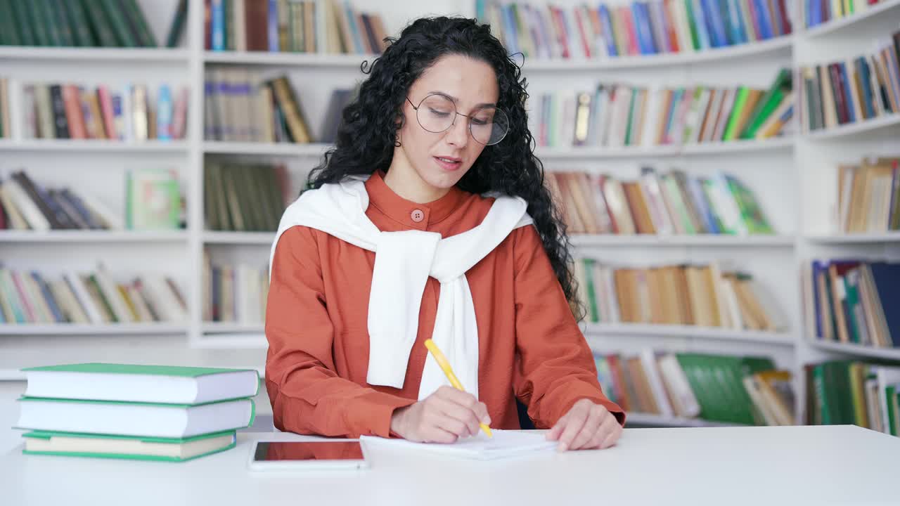 摄像头的观点。在线电子学习的女学生记笔记或视频通话视频素材