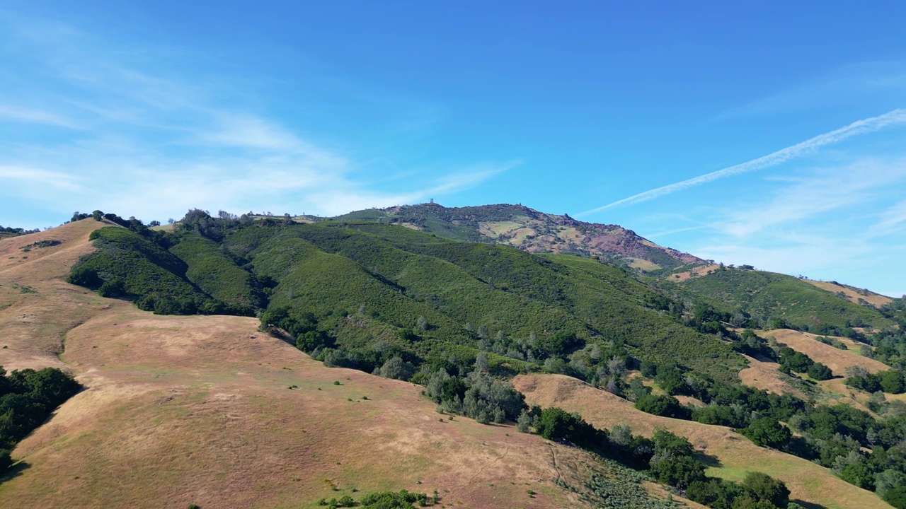 蓝天下绿树成荫的层叠山景视频素材