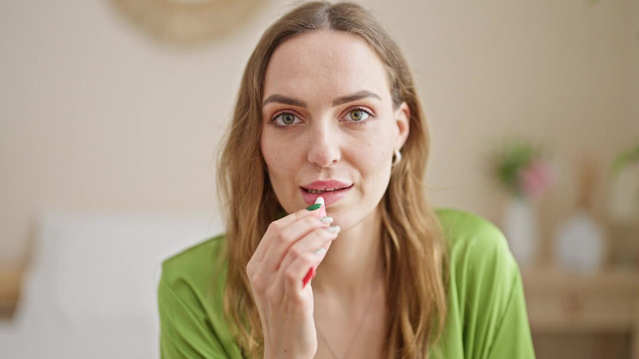 年轻的金发女子在卧室化妆微笑视频素材