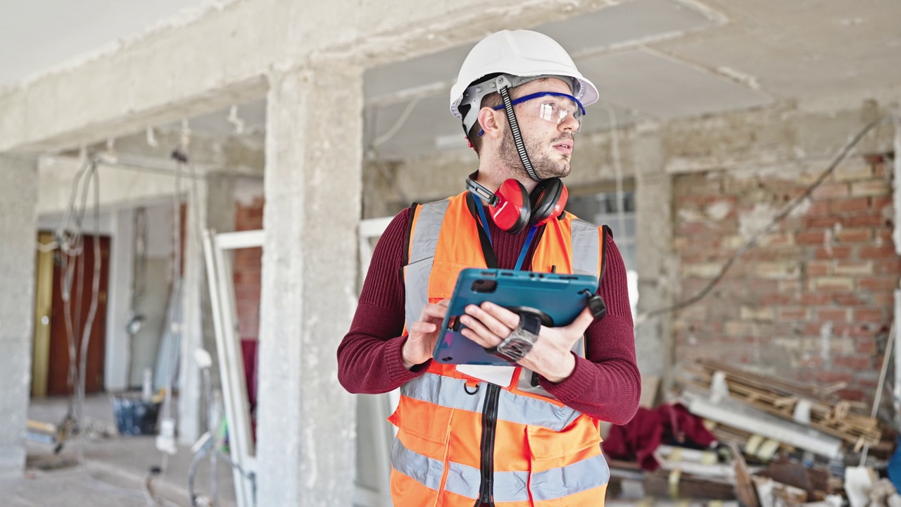 年轻的西班牙裔建筑工人用触摸板环顾建筑工地视频素材