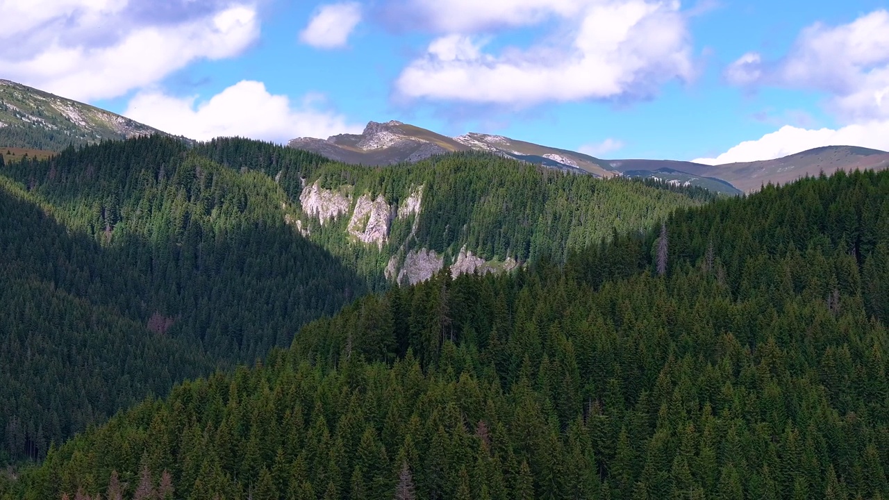 美丽的山林和高山峡谷景观。布满云杉和绿杉的山脊。视差效果。夏日山水在山心。视频素材