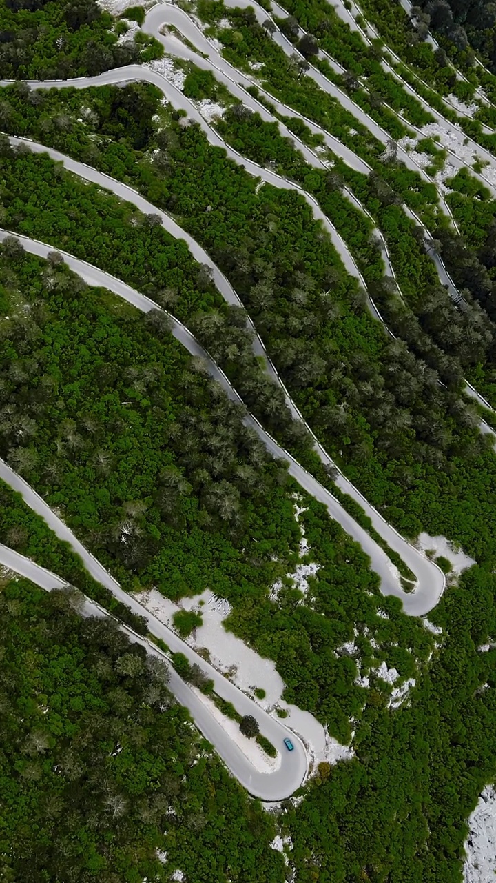 垂直型蛇形山路，绿树成荫。鸟瞰图视频素材