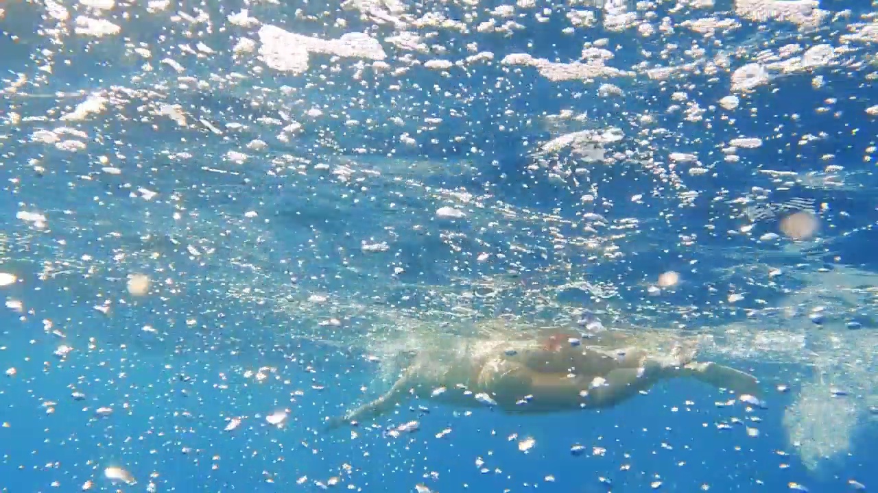 一个人在清澈的蓝色海水中游泳视频下载