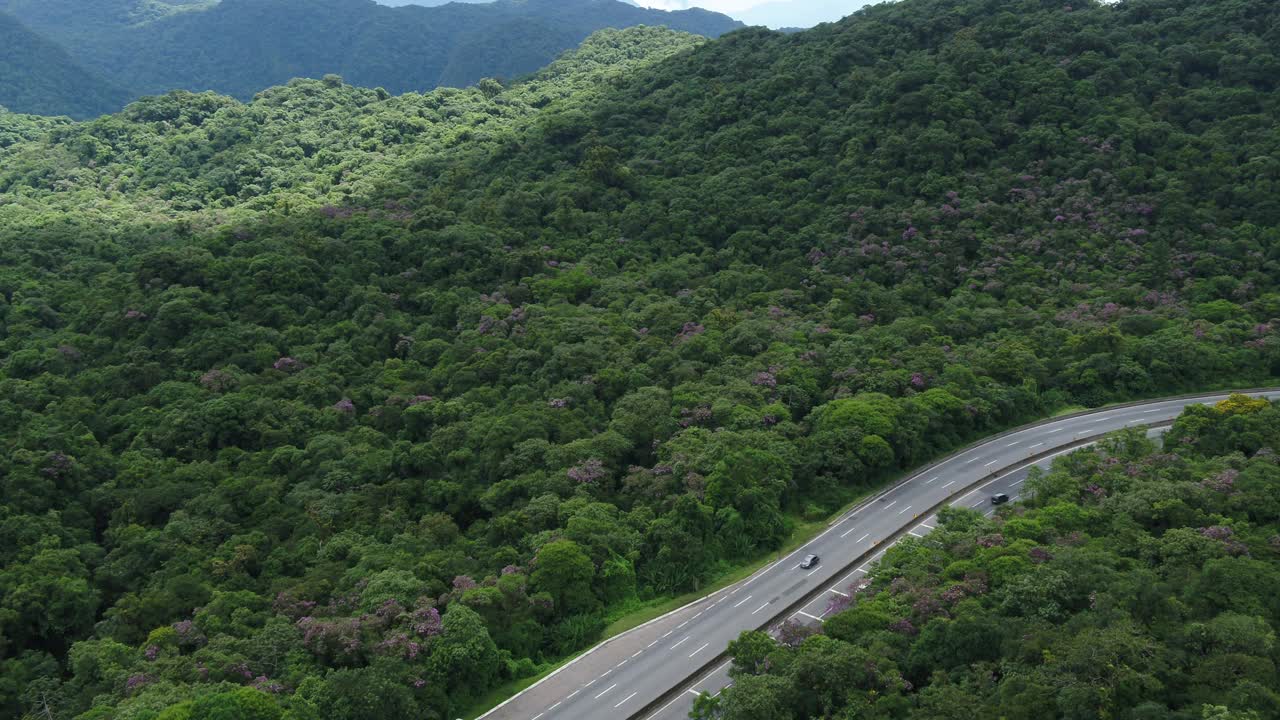 巴西大西洋森林生物群系里吉斯·比腾古公路鸟瞰图。
主题视频收藏。视频素材