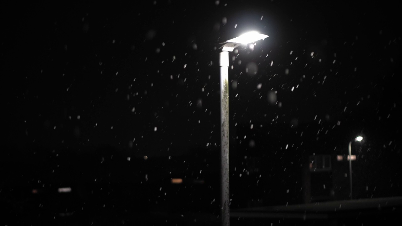 英国首次降雪叠加黑色背景。夜路路灯下的雪花-冬天，慢慢飘落的雪花效果。天气预报，异常，紧急概念视频下载