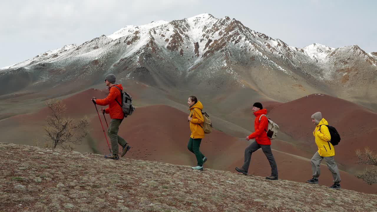 登山组由四名旅行者组成，他们一起上山到山顶侧视图视频素材