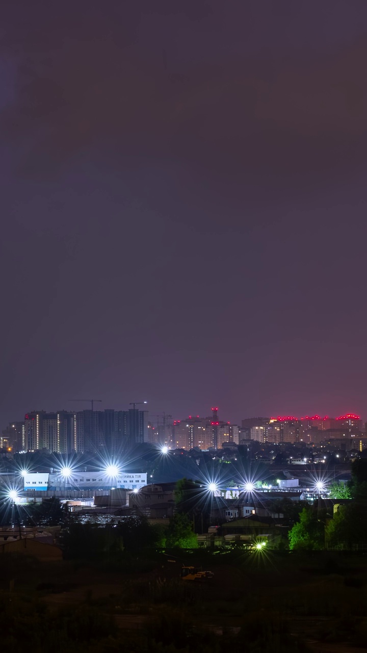 风暴中的城市景观:夜雷与闪电。时间流逝。垂直视频素材