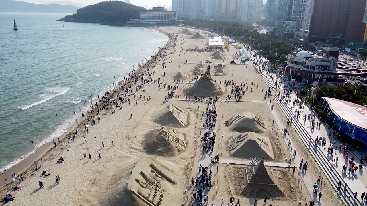 海云台沙滩节鸟瞰图，釜山，韩国，亚洲视频素材