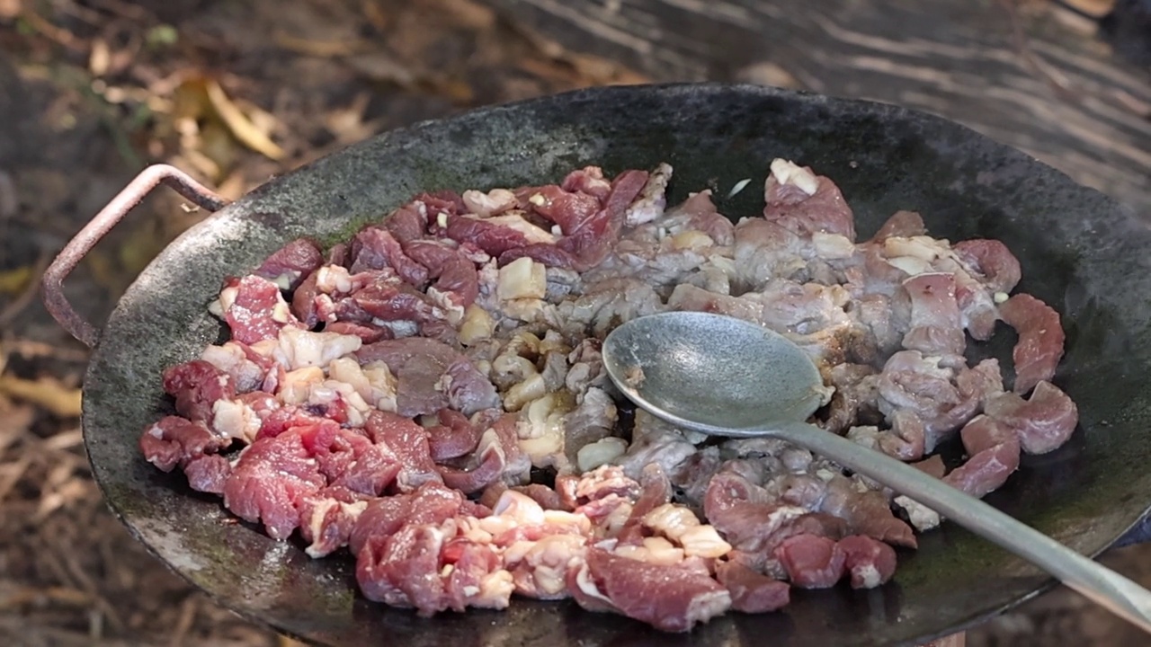 铁板上咝咝作响的生牛肉视频素材