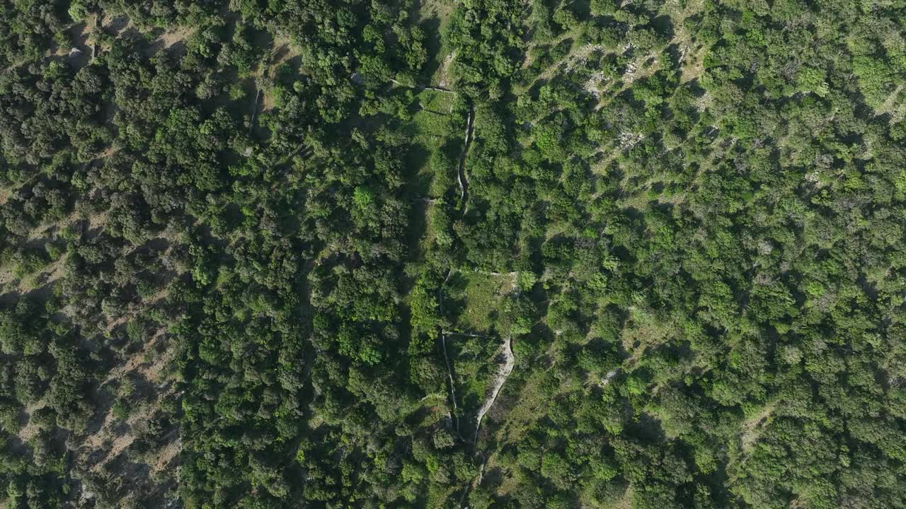 克罗地亚海岸线和岛屿的空中无人机视图，清澈的海水和郁郁葱葱的绿色植被视频素材