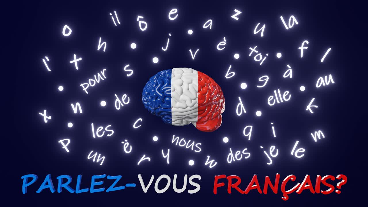 法语学习外语流利度提高人脑发光字母文章单词3d渲染动画在线课程视频素材