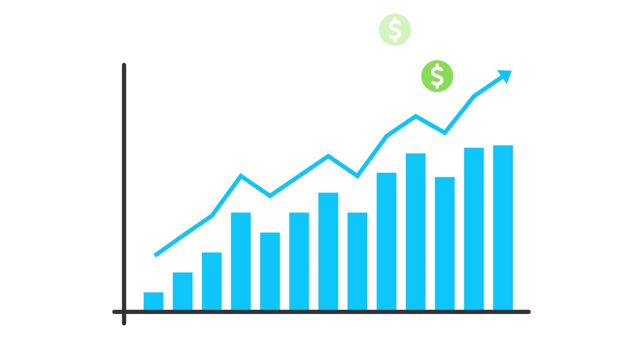 蓝色条形图动画用通货膨胀箭头，用美元硬币赚钱，增长成功。视频下载