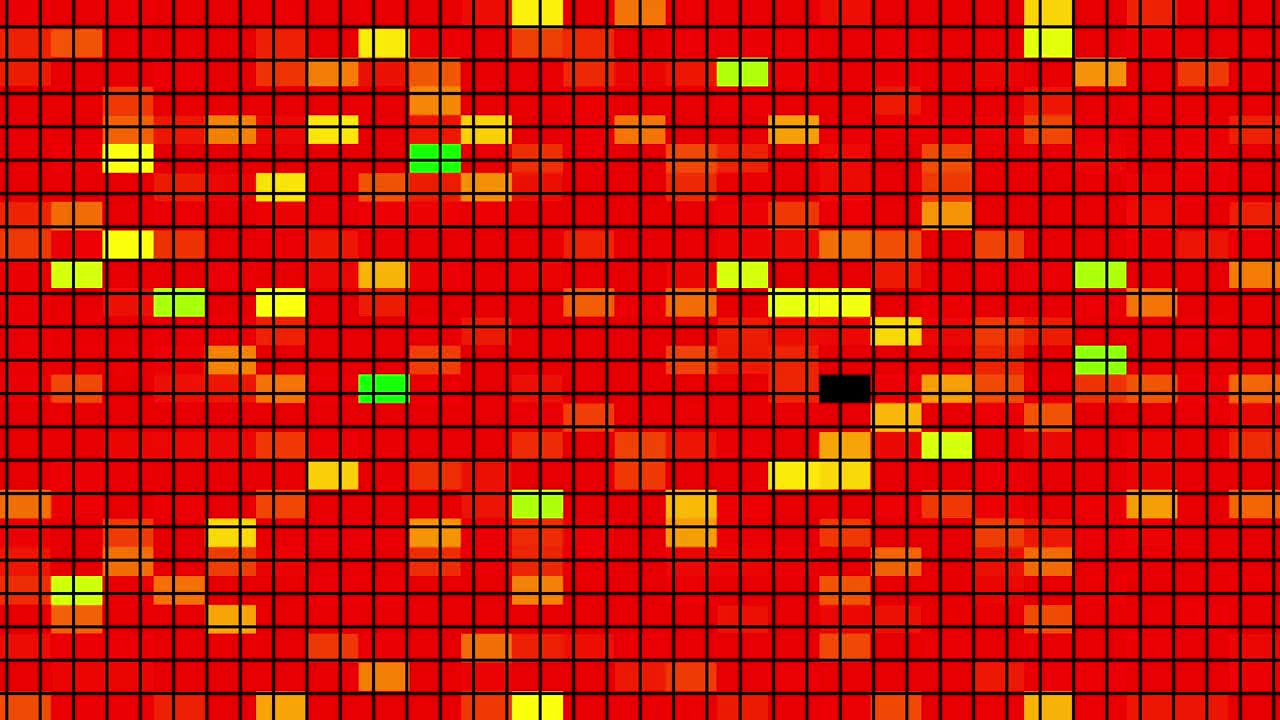 循环黄橙红像素LED数字网格灯图案动画黑色抽象背景。明亮的泛光灯闪烁着计算机技术的灯光。抽象的未来主义光像素化视频素材