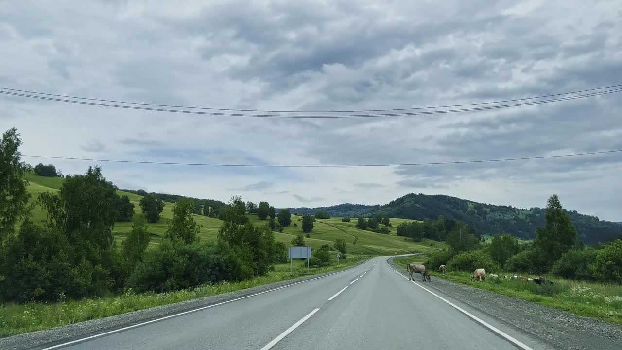 汽车行驶在山路上，景色壮丽。开车旅行。美丽的大自然。视频素材