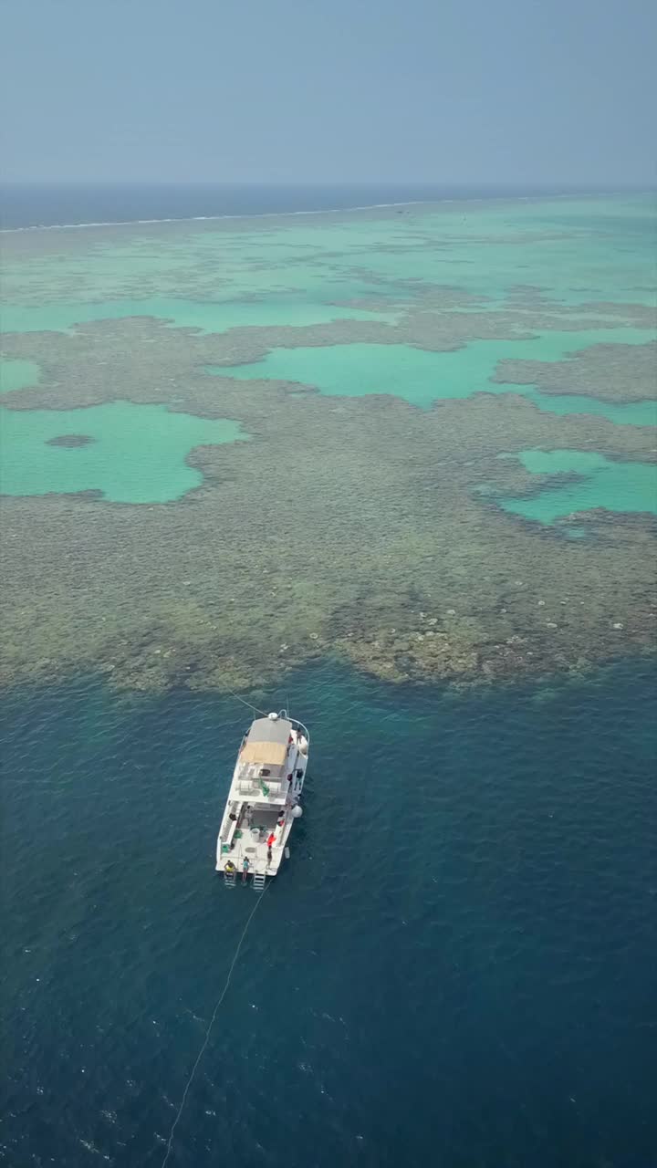 无人机在吉达附近的红海用两艘船观察珊瑚礁视频素材