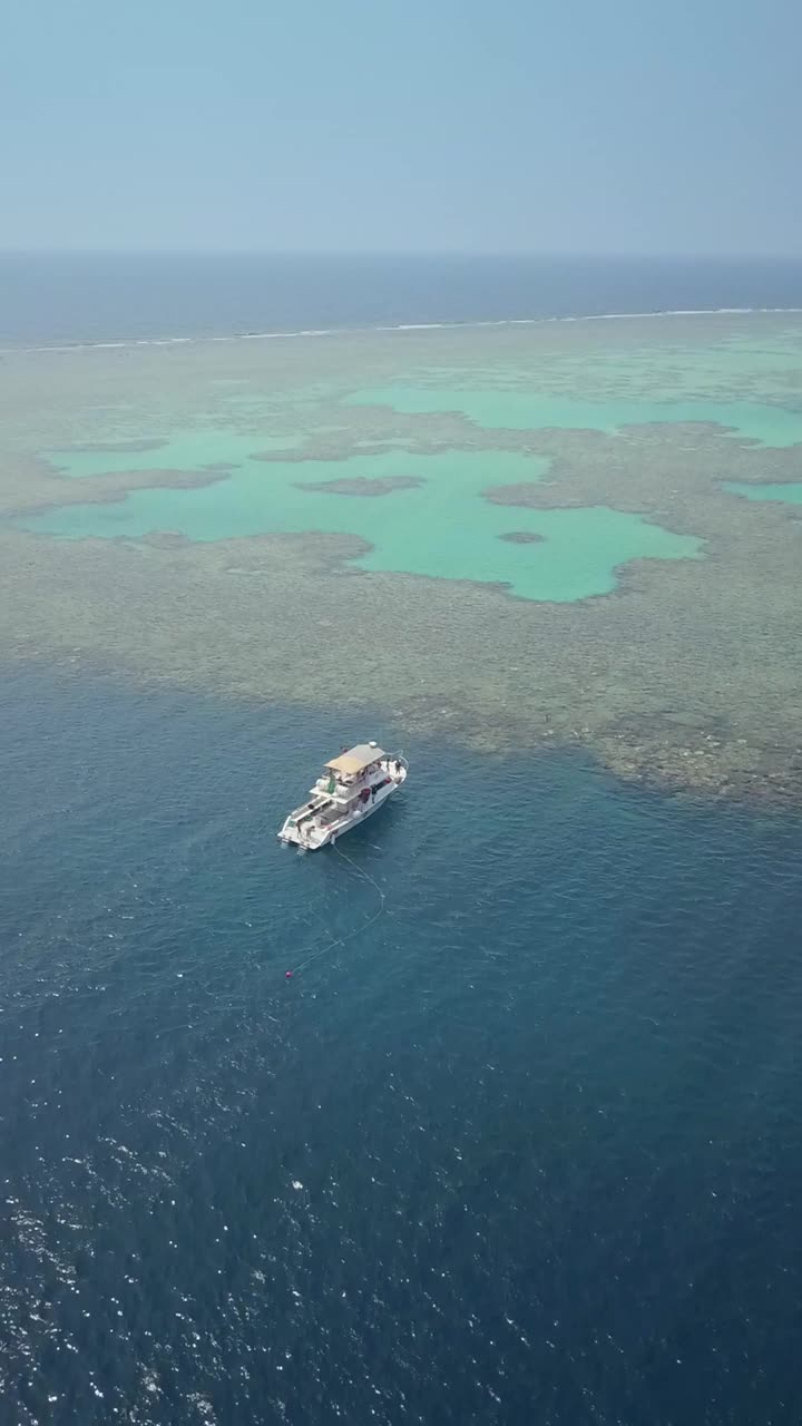 一艘船在吉达附近的红海中的一个珊瑚礁的无人机视图视频素材