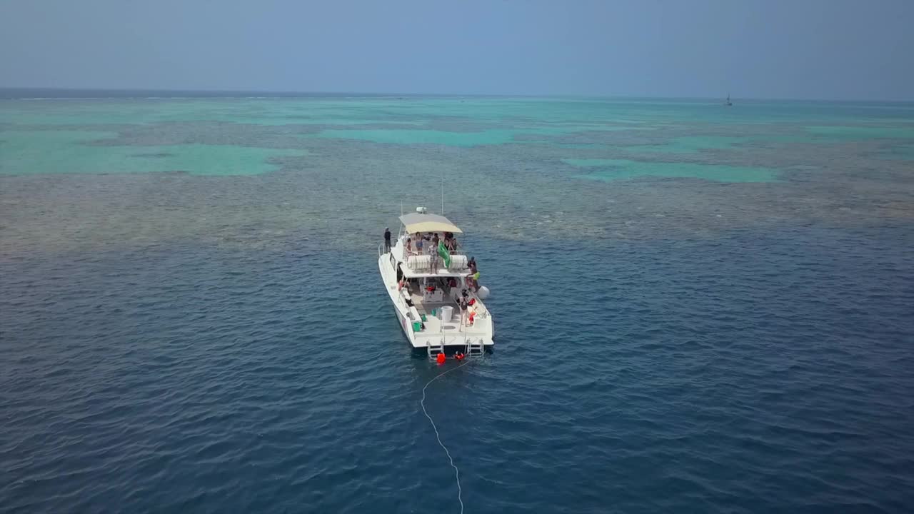 一艘船在吉达附近的红海中的珊瑚礁鸟瞰图视频下载