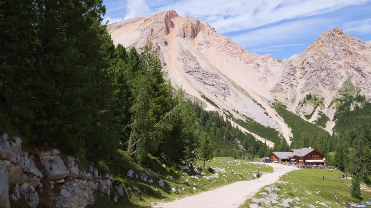 在绿色草地和意大利阿尔卑斯山脉背景的道路在一个夏天，意大利视频素材