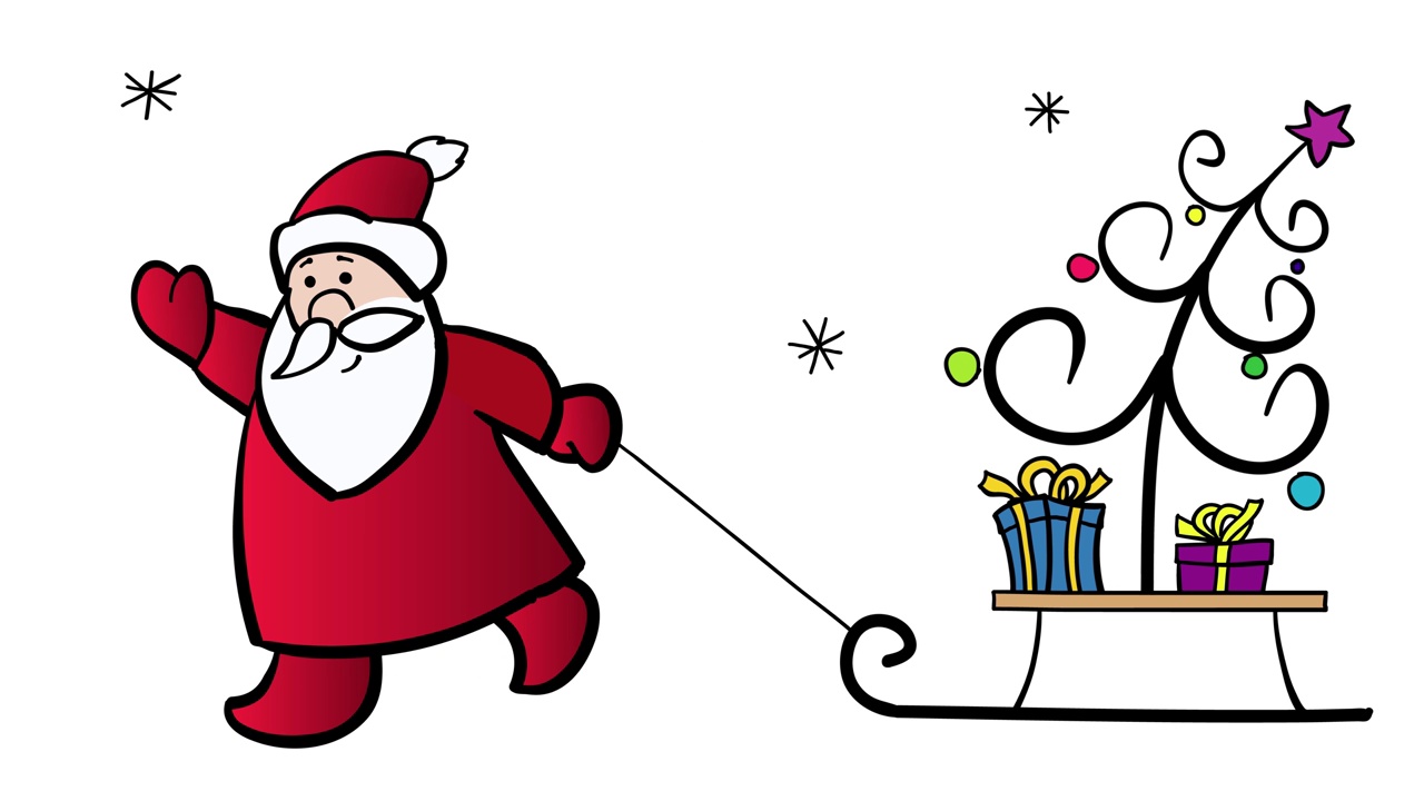 圣诞老人拉着雪橇，带着圣诞树和礼物的4K动画视频下载