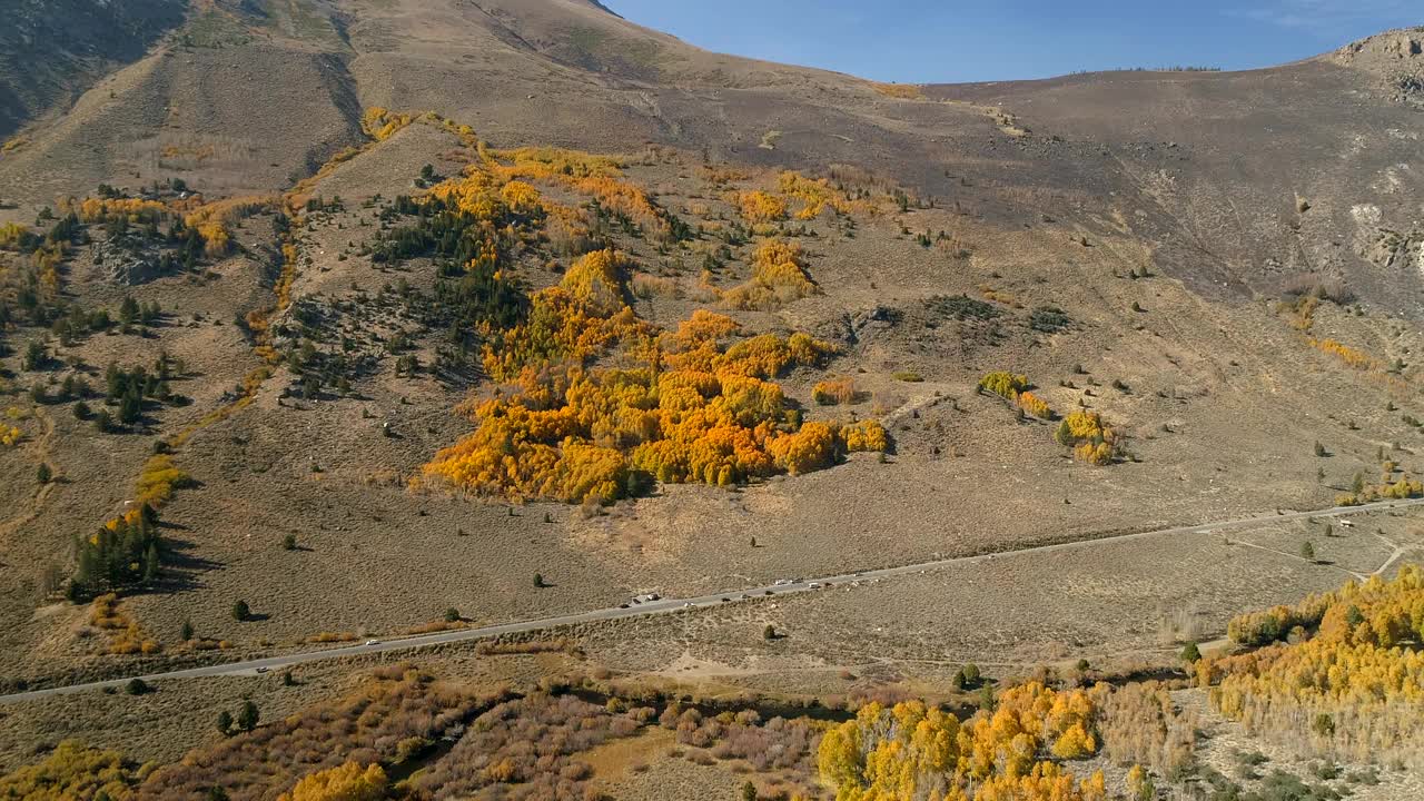 在阳光明媚的日子里，鸟瞰风景优美的山与秋天的树木-猛犸湖，加利福尼亚视频素材