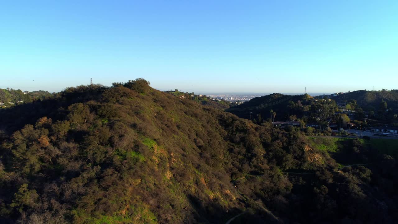 航拍拍摄的车辆在道路附近的房屋和树木在山上的城市对蓝天-洛杉矶，加利福尼亚视频素材