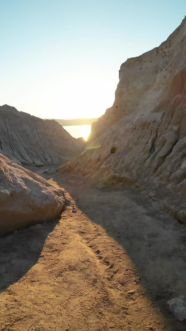 清晨，一条风景优美的小径通向美丽的海滩。垂直视频视频素材