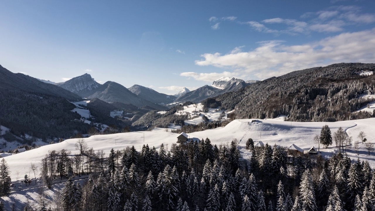 缓慢的超延时空中飞行在一个雪山景观与松树视频素材