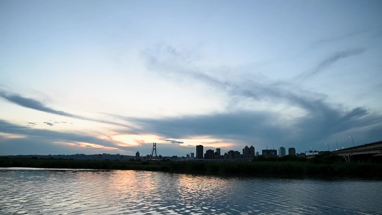 黄昏时分，绚丽的天空和河边城市的剪影。视频素材