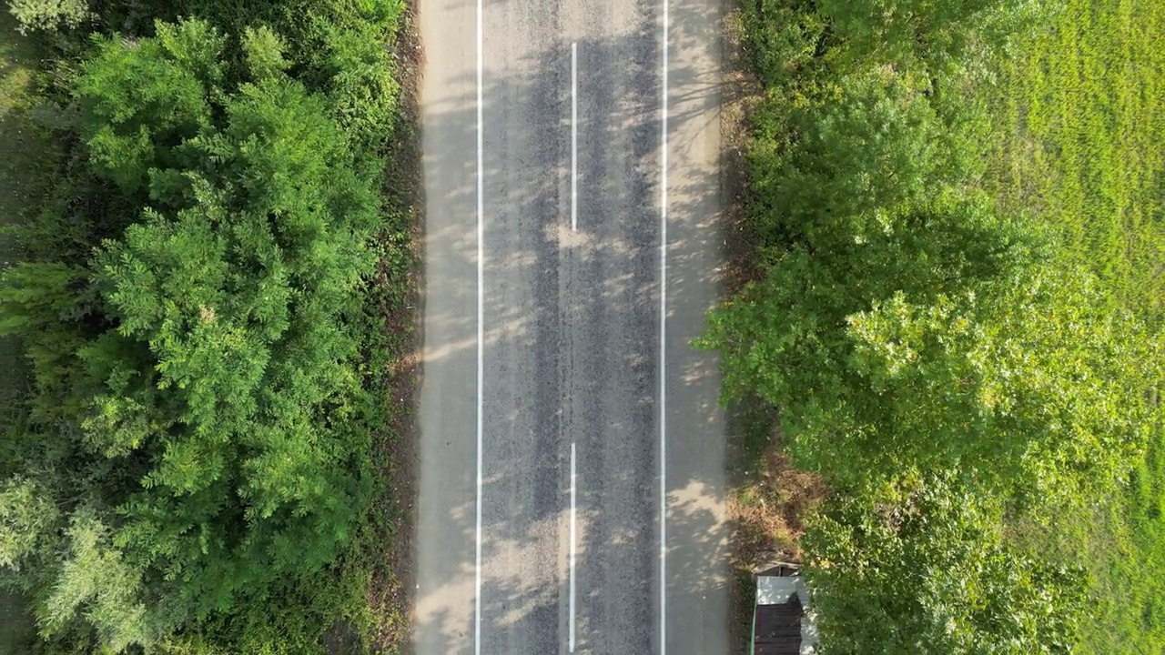 鸟瞰路。独自行走在茂密平坦的森林、柏油笔直空旷的道路上。高速公路俯视图跟随车辆航拍镜头。高速公路交通视频下载