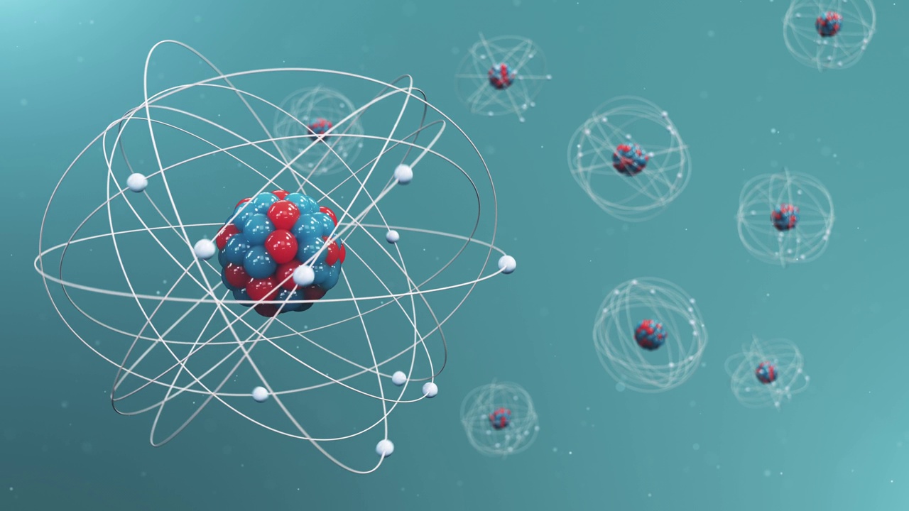 原子结构。原子是构成化学元素的物质的最小层次。核反应。物理学的概念，科学。中子和质子，原子核。可循环无缝4K 3D动画视频素材