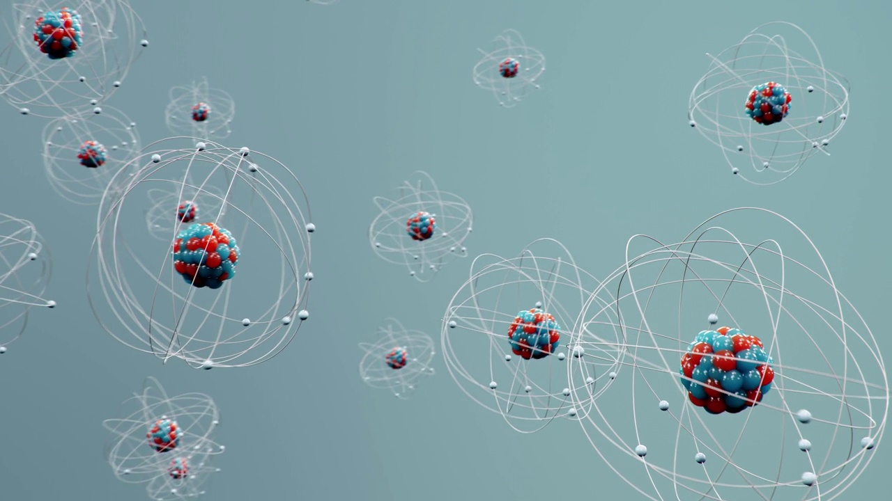 原子结构。原子是构成化学元素的物质的最小层次。核反应。纳米技术的概念。中子和质子，原子核。4K 3D动画视频素材