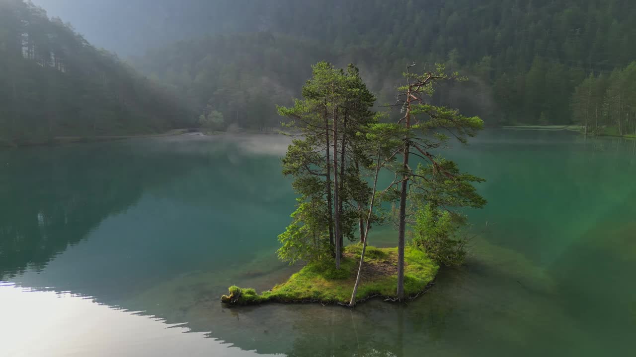 高山湖泊中有树木的小岛。奥地利的高山自然。美丽的湖和晨雾在山上。空中拍摄视频素材