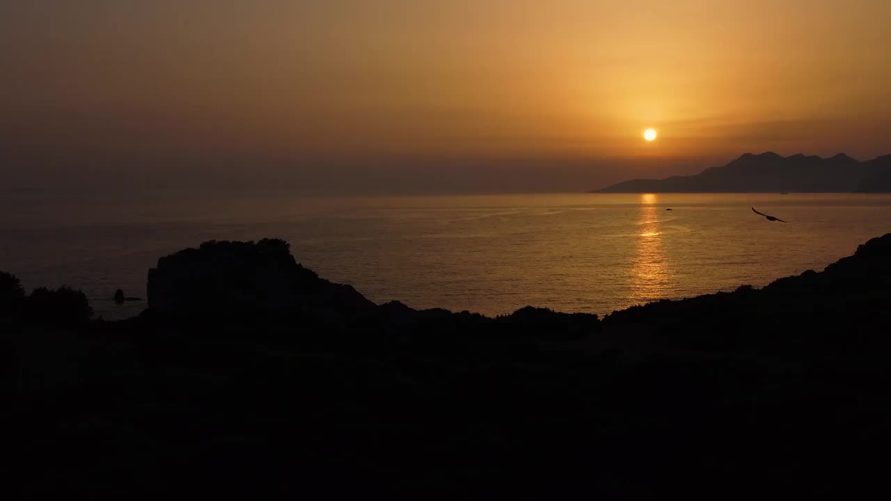 鸟瞰海岸线和日落时的鸟儿视频素材