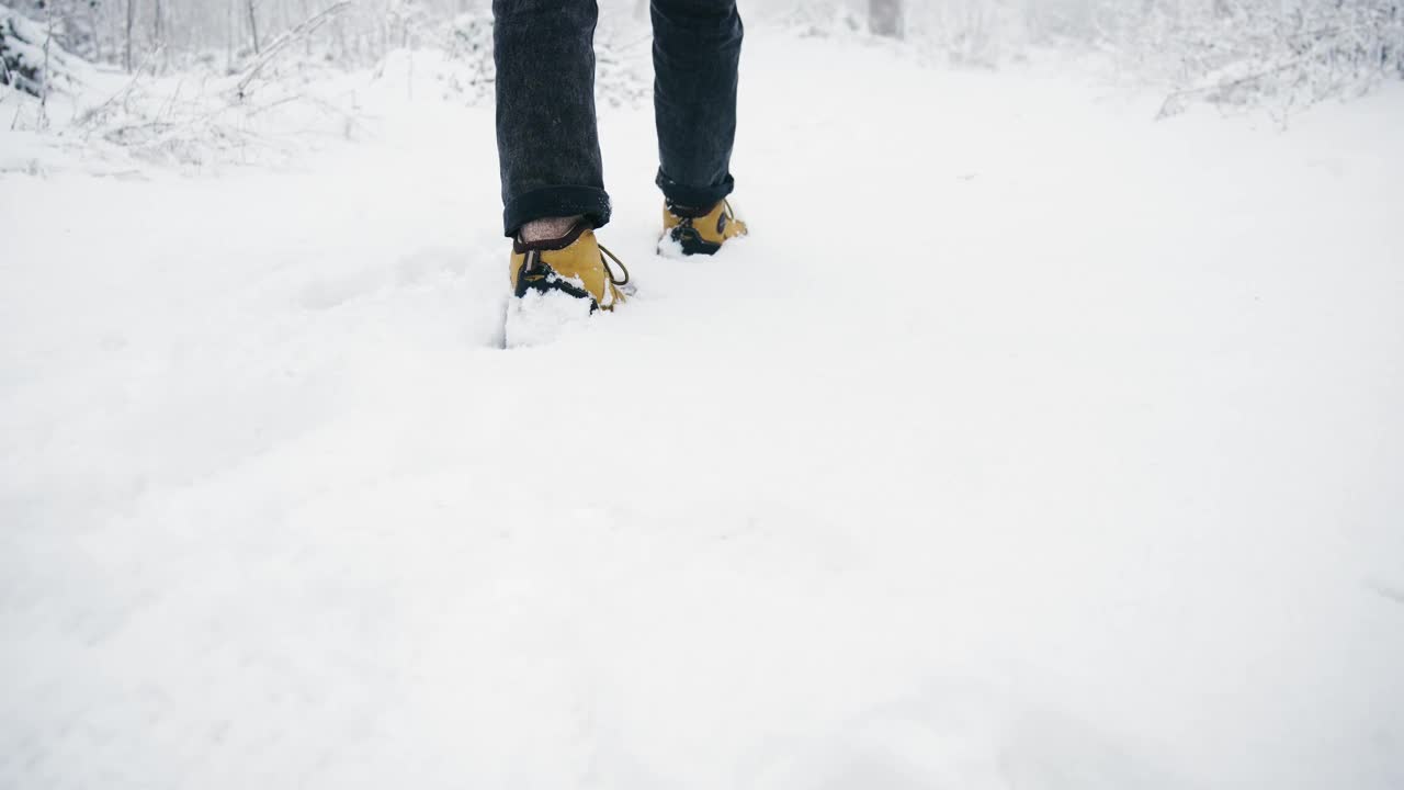 一个人穿过森林里的厚厚的积雪，从镜头前走开视频素材