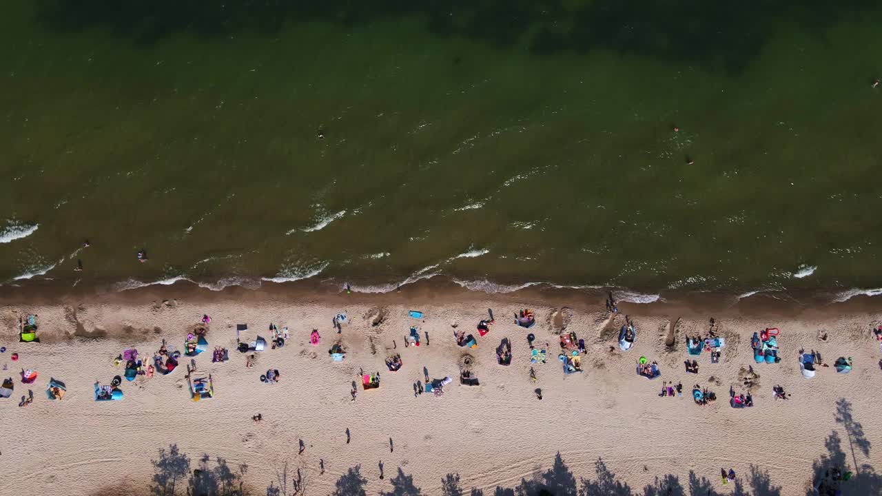 鸟瞰海景观与拥挤的沙滩在Wladyslawowo。波兰波罗的海海岸线上游泳的人们。夏季的度假小镇视频素材