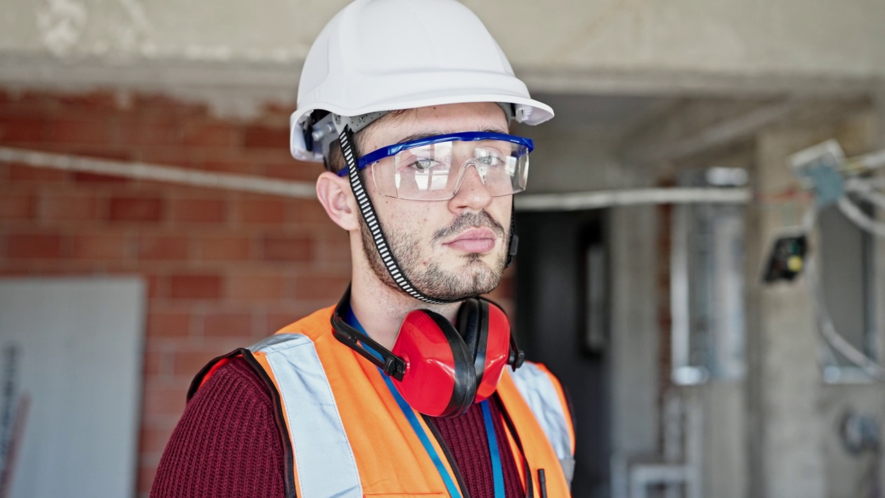 年轻的西班牙裔建筑工人一脸严肃地站在工地上视频素材