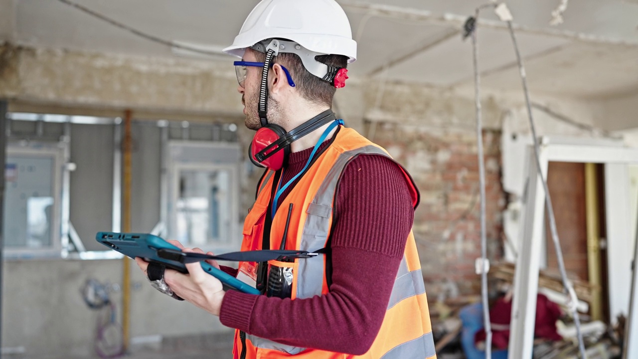 年轻的西班牙裔建筑工人用触摸板环顾建筑工地视频素材