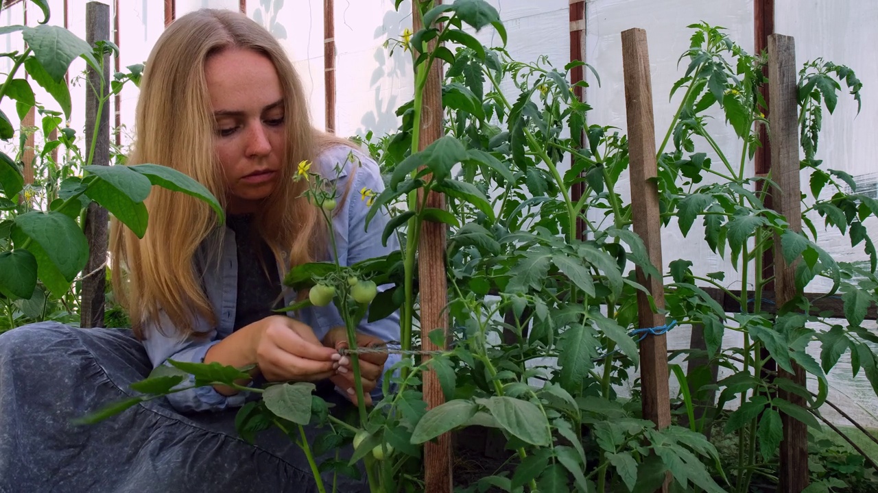 女农民在温室菜园农场种植食用绿番茄。妇女收获当地种植的有机西红柿。种植有机蔬菜，生态友好视频素材