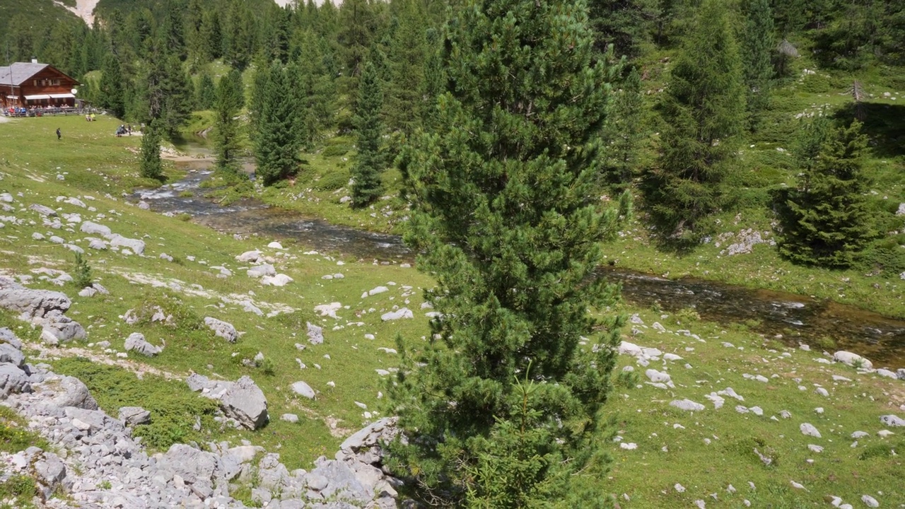 在绿色草地和意大利阿尔卑斯山脉背景的道路在一个夏天，意大利视频素材