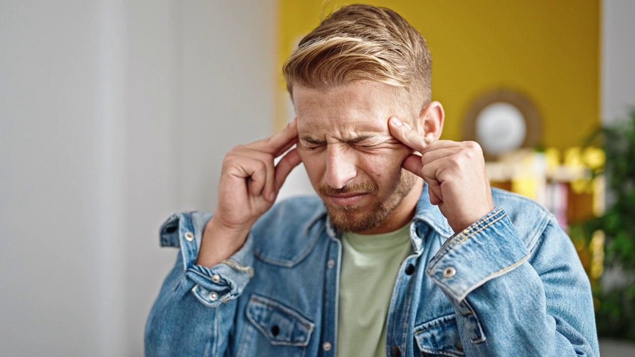 年轻的白人男子在家里头痛视频素材