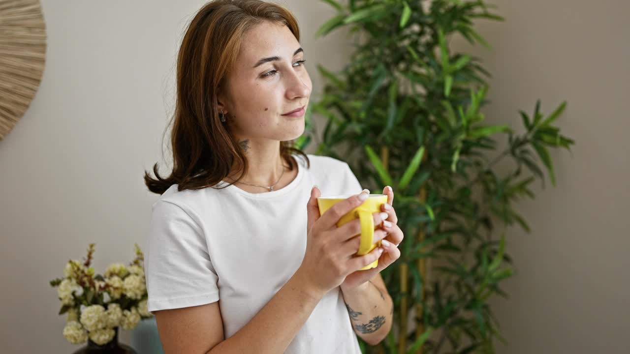 年轻女子站在家里闻着咖啡视频素材