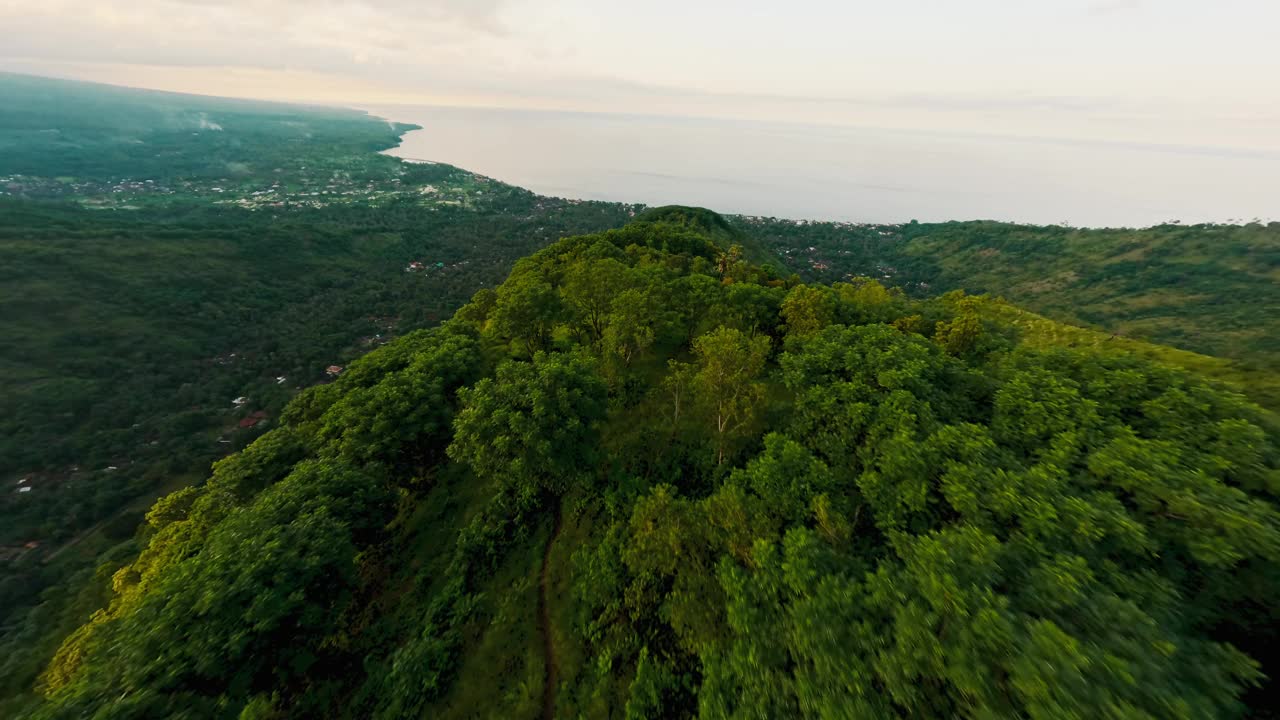 空中俯冲看速度飞行在山脊覆盖的绿色植物海洋视频素材