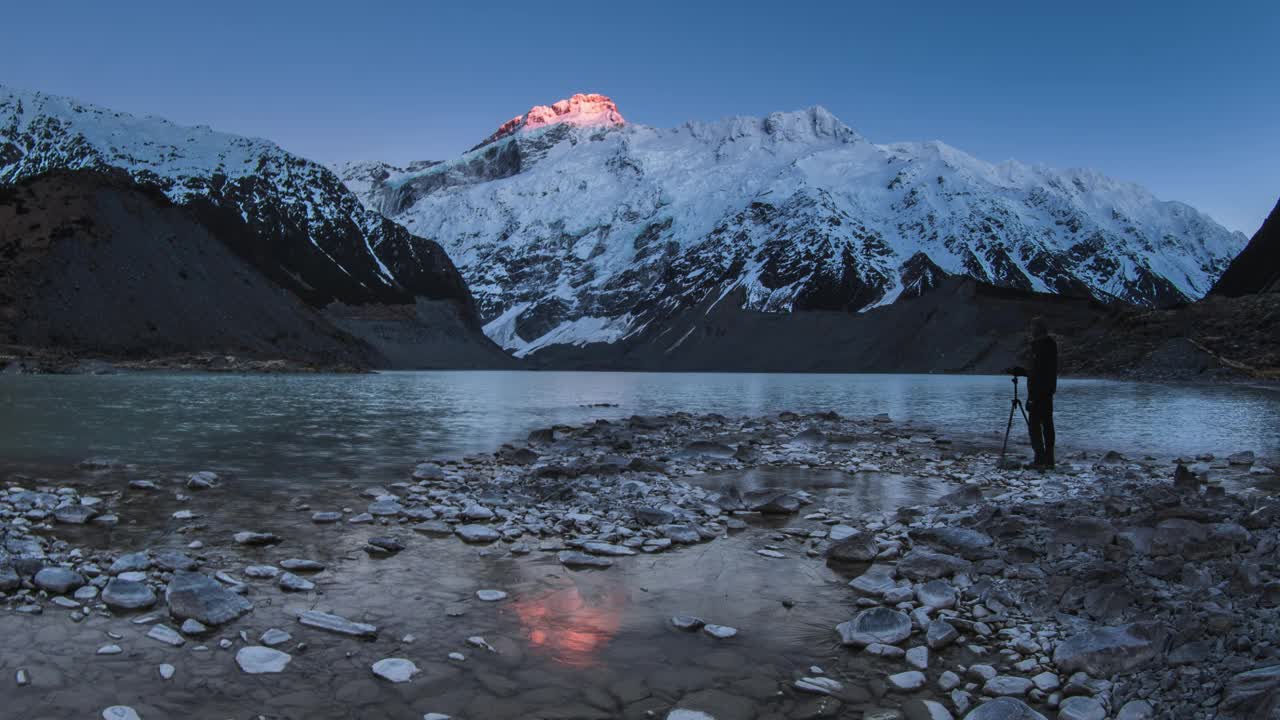 延时拍摄的人在雪山上观看第一缕阳光，湖面反射静止视频素材