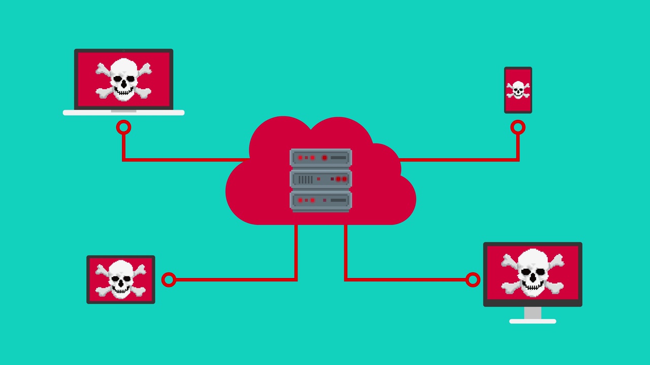 感染连接设备的病毒云服务器的像素艺术动画。病毒首先感染云服务器，然后转移到笔记本电脑、个人电脑、平板电脑和手机。视频下载